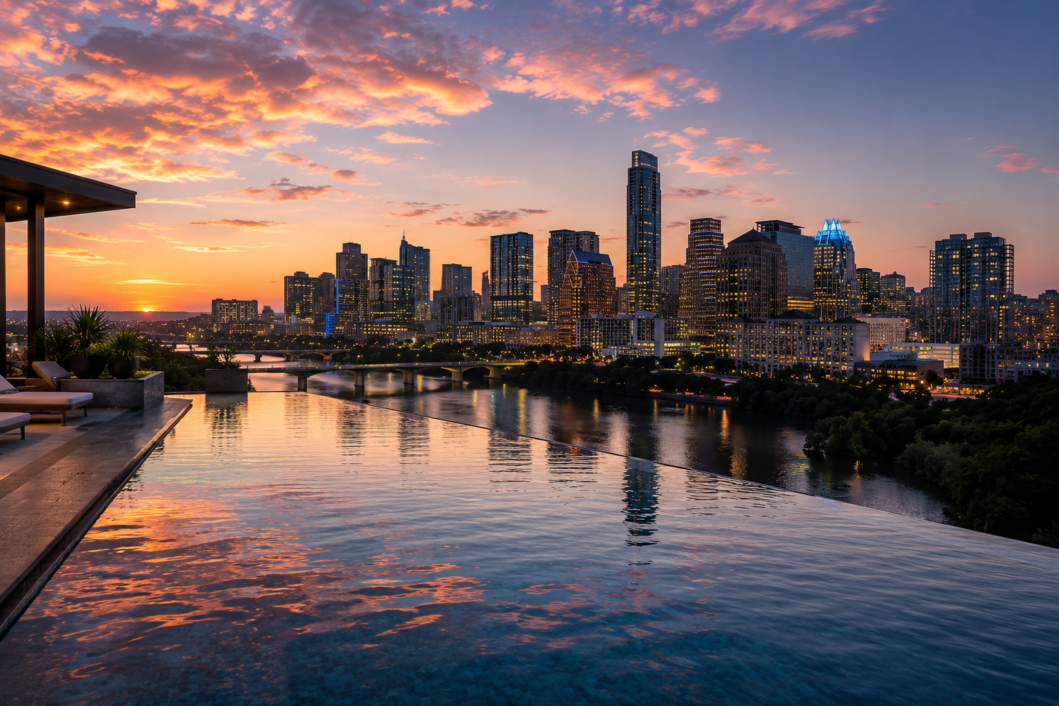 Custom infinity edge pool overlooking the Austin skyline